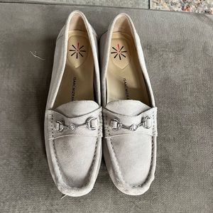 Isaac Mizrahi Live “Imannie” suede loafers. 8.5. Grey. Silver bar on top.